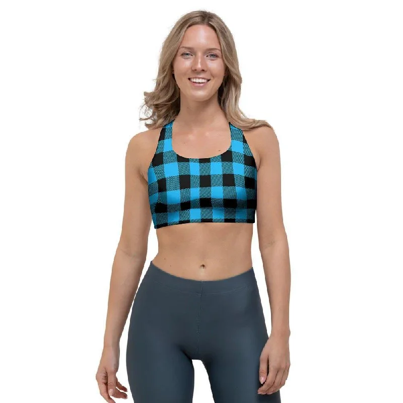Buffalo Plaid Blue Print Sports Bra Sporty Wireless Bra