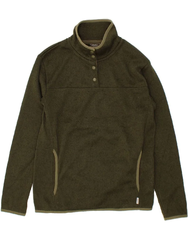 EDDIE BAUER Womens Button Neck Sweatshirt Jumper UK 10 Small Green Flecked Hoodie with Velcro Closure Adjustable Secure