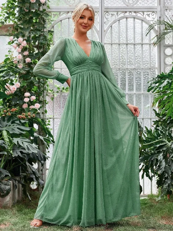 Elegant V Neck Ruched Waist Maxi Dresses Elegant Maxi Dress with Pockets