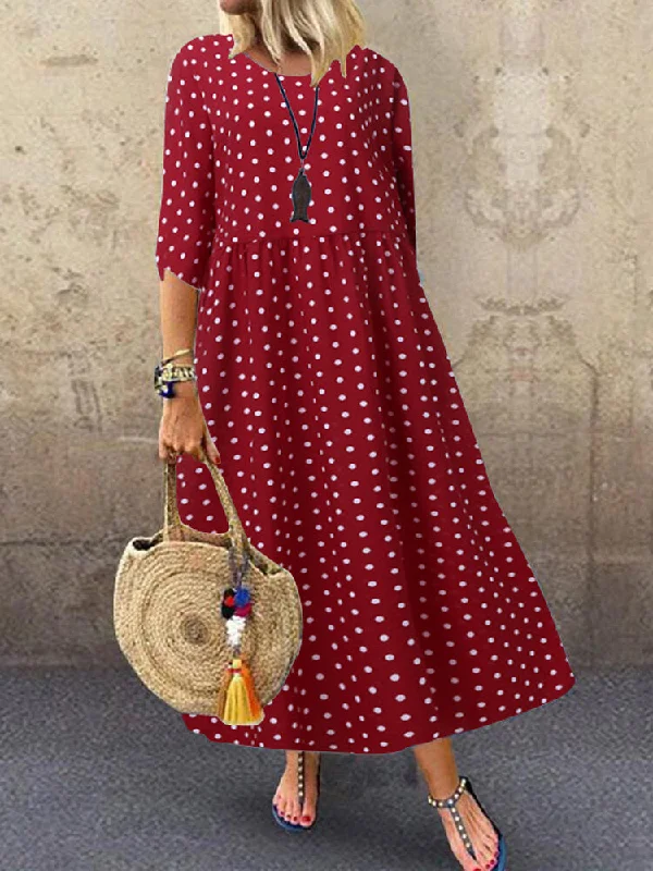 Loose O-neck Polka Dot 3/4 Sleeve Women Maxi Dress Fashionable Chiffon Tiered Maxi Dress