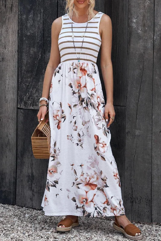 Striped Floral Sleeveless Maxi Dress Trendy A-Line Maxi Dress