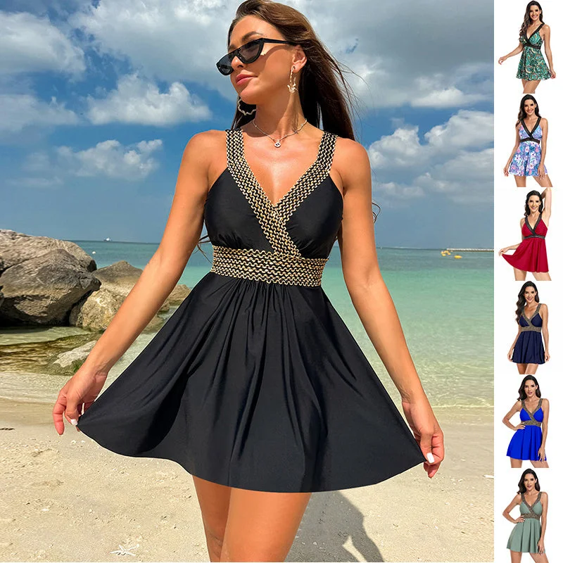 V-neck Printed Swimsuit Dress Summer Beach Vacation Bikini Fashion Womens Clothing Casual Swim Dress