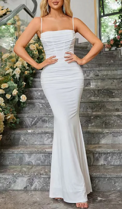WHITE DRAPED CORSET MAXI DRESS Cozy Cold-Shoulder Maxi Dress