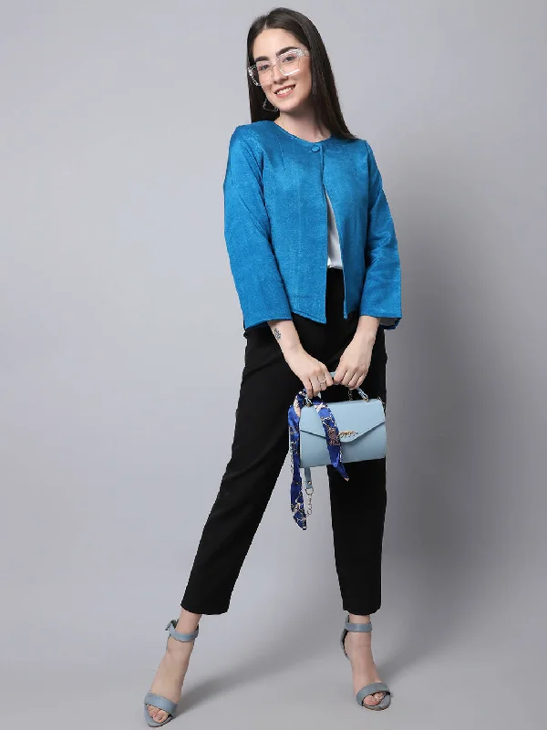Even Apparels Blue 100% Viscose Open Front Statement Women's Jacket Wool Fabric Cashmere Fabric Tweed Fabric Even Apparels Blue 100% Viscose Open Front Statement Women's Jacket Wool Fabric Cashmere Fabric Tweed Fabric