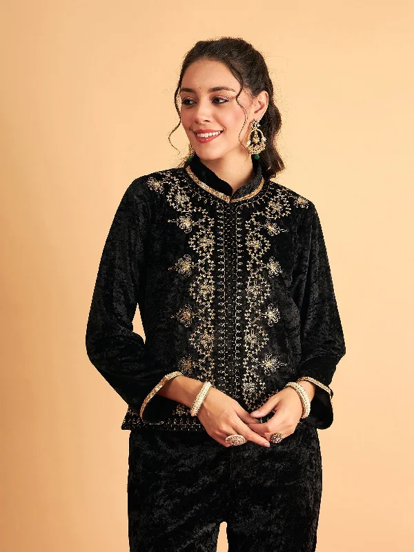 Lyush Women Black Velvet Front Embroidered Jacket Lace Jacket Ribbed Jacket Sequined Jacket Lyush Women Black Velvet Front Embroidered Jacket Lace Jacket Ribbed Jacket Sequined Jacket