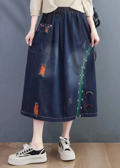 Art Navy Embroideried Hole Summer Denim Skirt boho skirt vibe