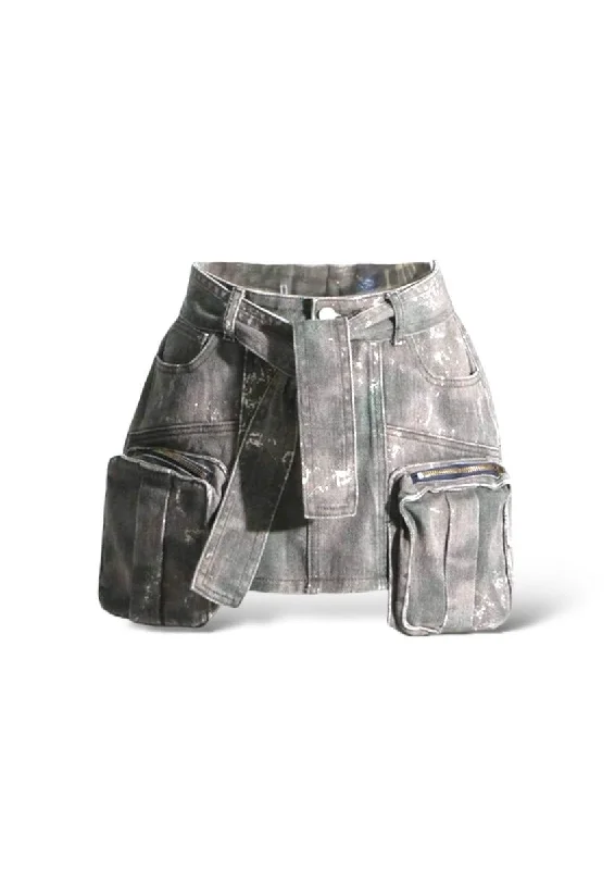 Black Splattered Denim Skirt asymmetrical skirt cut