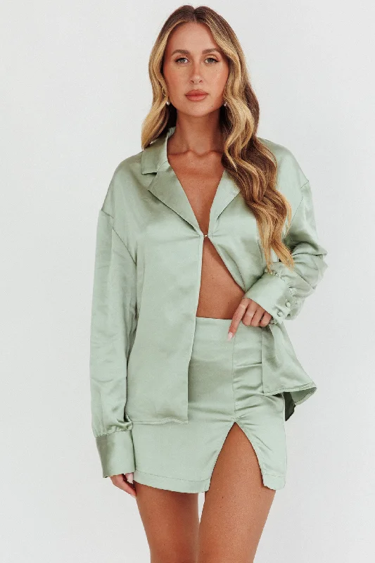 Coco Satin Mini Skirt Sage flowy skirt hem
