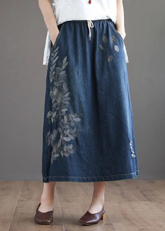 Dark Blue Pockets Cotton Denim Skirt Elastic Waist Ripped Summer cashmere skirt soft