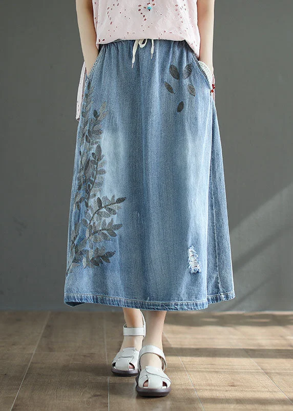 French Light Blue High Waist Drawstring Print Cotton Denim Skirts Summer leather skirt bold