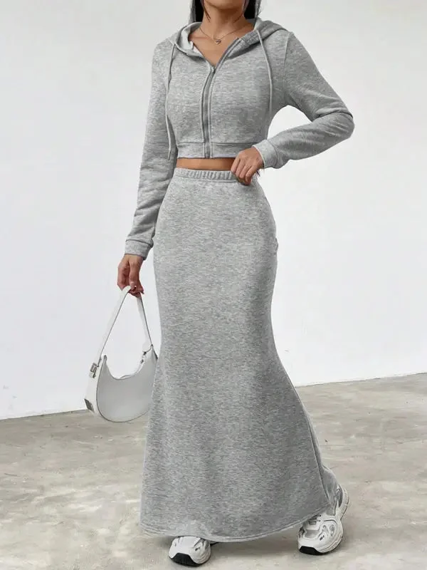 FZ Women's Hooded Zipper Hip-wrapped Long Skirt Suit linen skirt relaxed