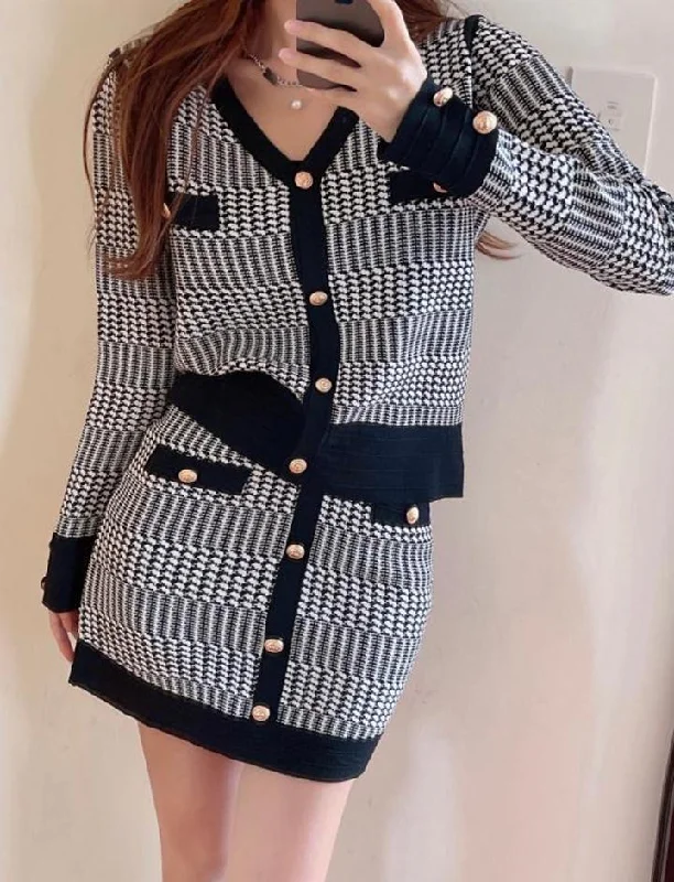 Retro Red Knitted Cardigan Slim Skirt Two-Piece Set chiffon skirt flowing