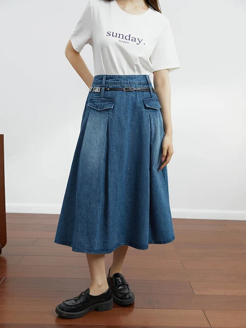 Vintage Pleated Denim Skirt Chic Designed Raw Denim Skirt with Belt linen skirt airy