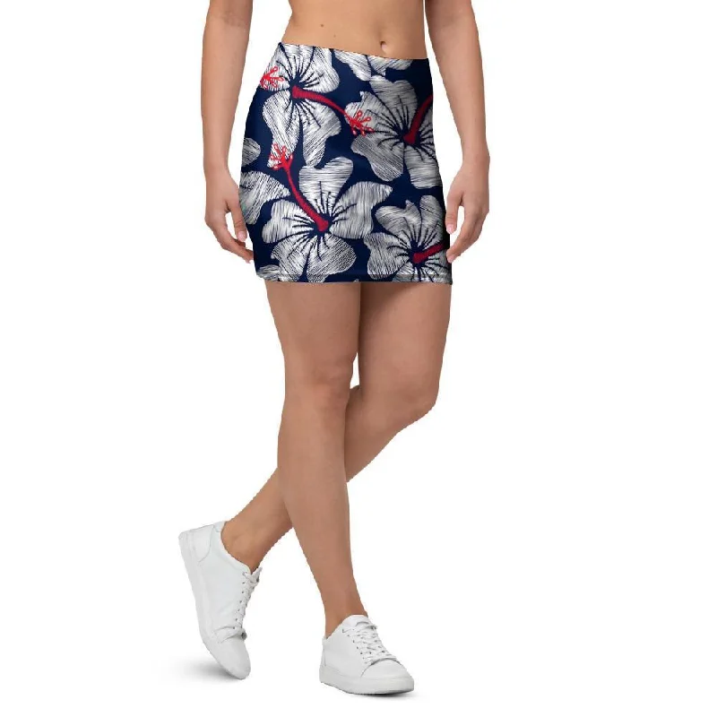 White Hibiscus Tropical Floral Hawaiian Print Mini Skirt wool skirt sturdy
