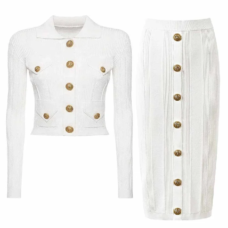 Women's Buttoned Knit Cardigan Skirt Suit leather skirt bold